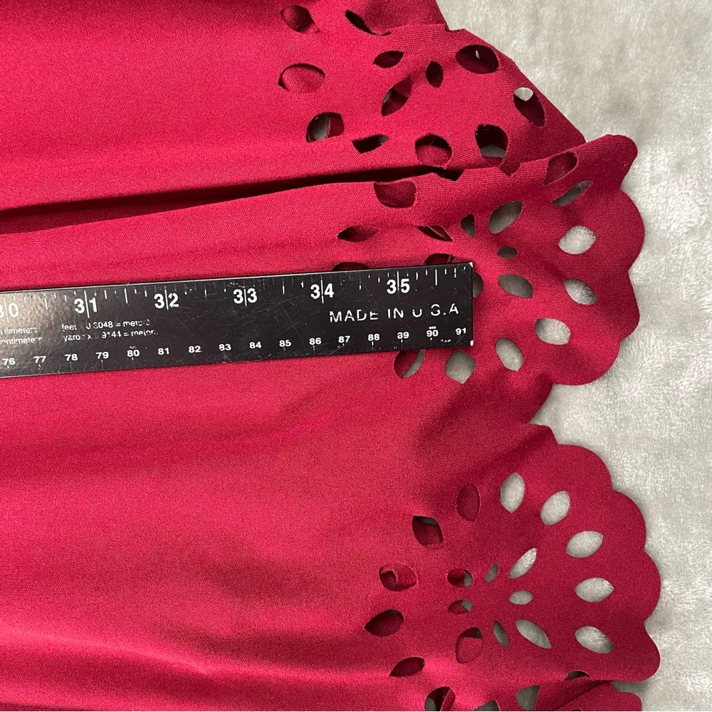 Red Skater Mini Dress Medium Laser Cut Scalloped Hem Fit Flare Holiday Party - Picture 8 of 8